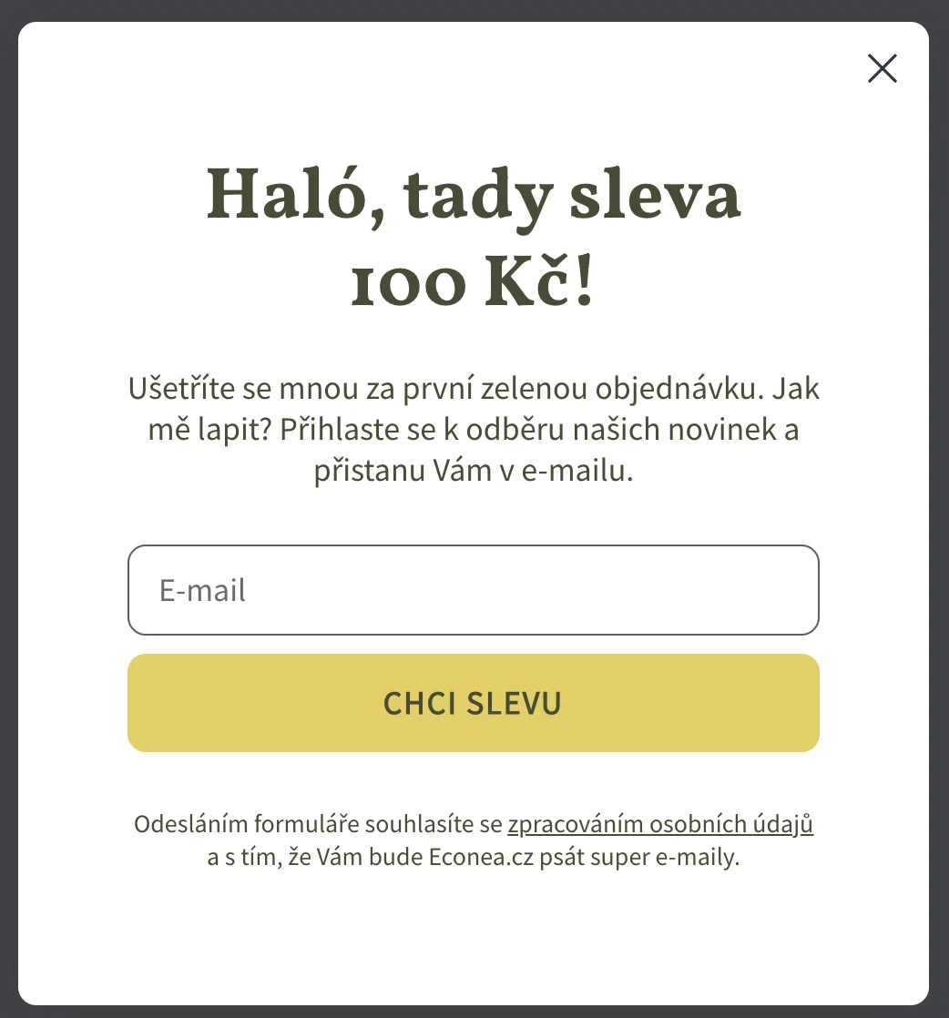 Popup Econea: sleva 100 Kč na první objednávku