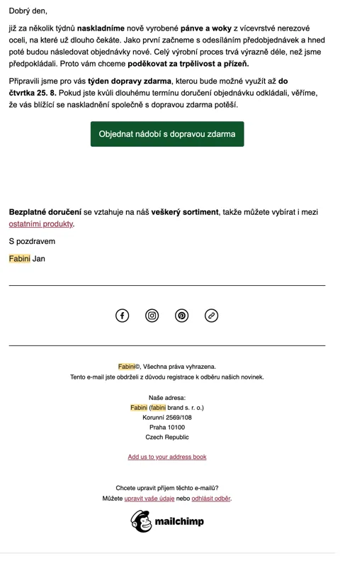 Původní e-mail o naskladnění nádobí