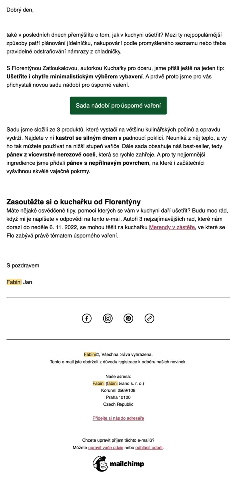 Původní e-mail se sadou pro úsporné vaření