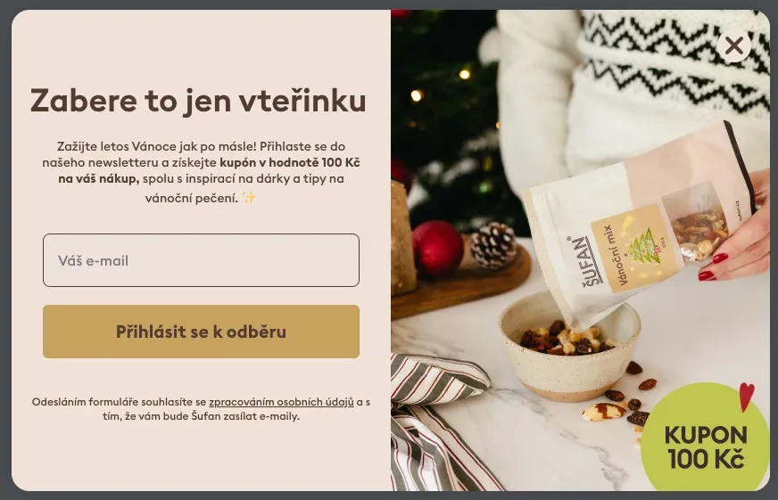 Vánoční varianta popupu s odpovídající fotografií a textem